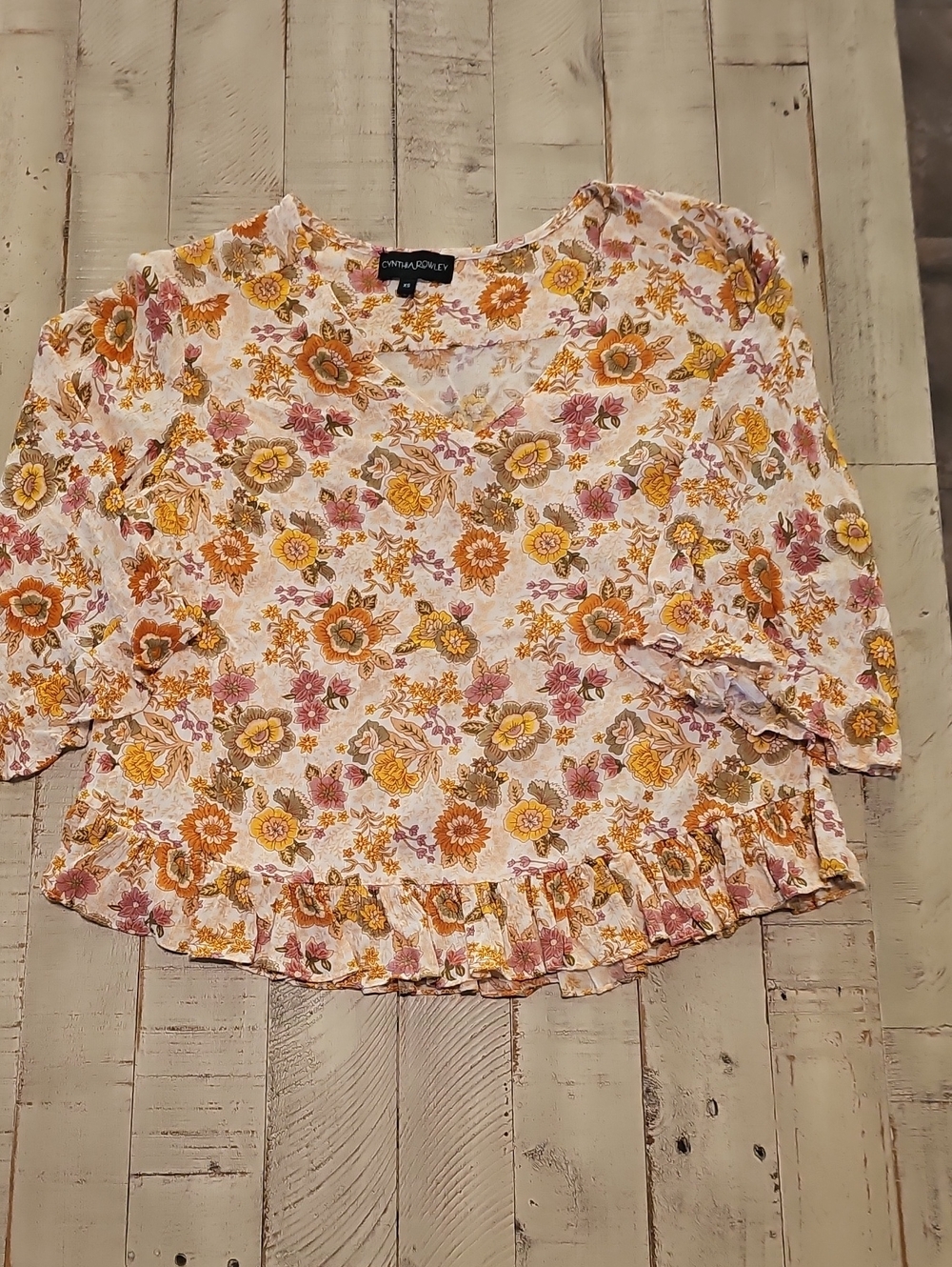 Cynthia Rowley Floral V-Neck Ruffle Hem Blouse - Cream, Mustard & Pink
